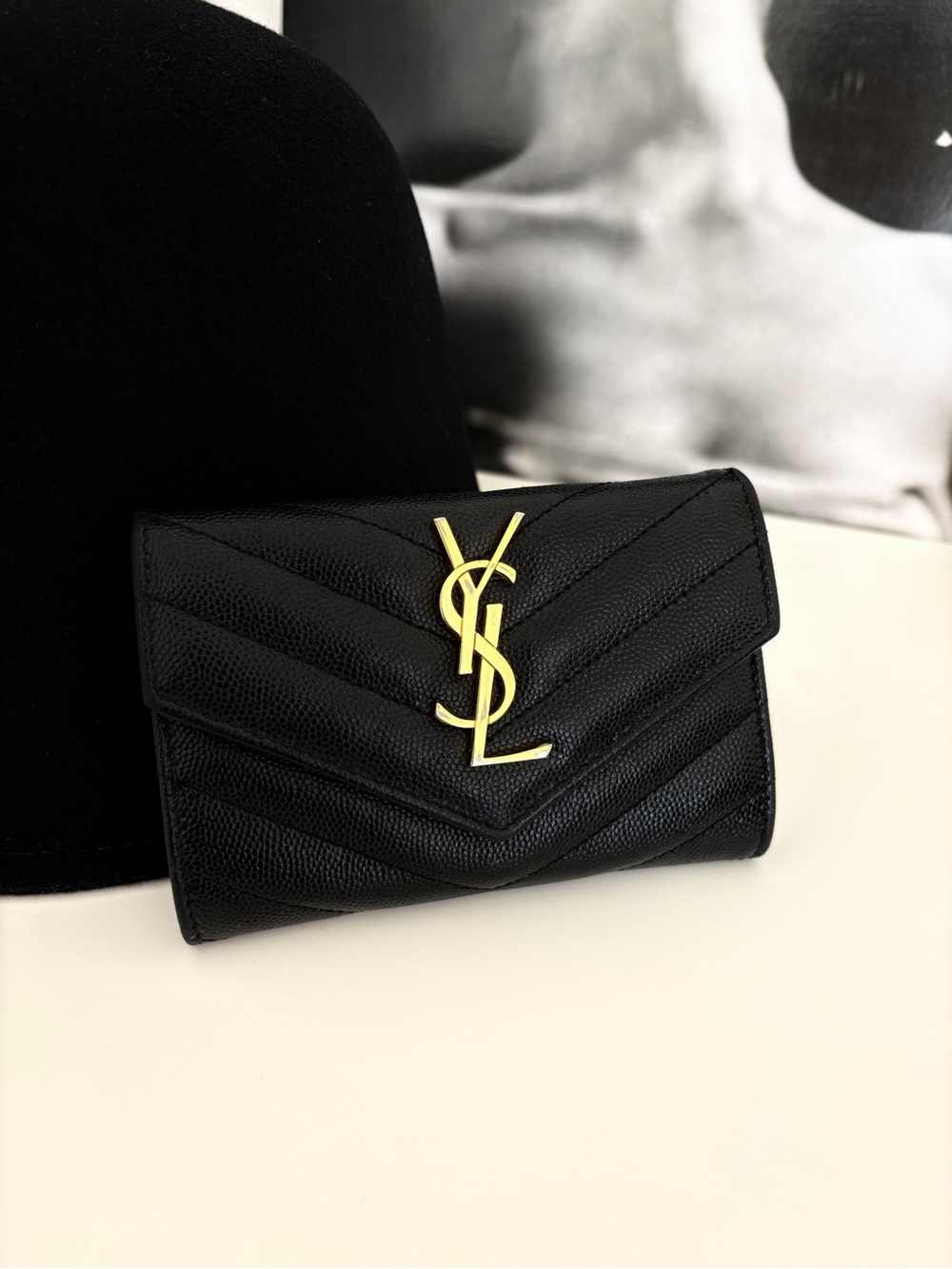 Saint Laurent Black Chevron Quilted Wallet with Gold YSL